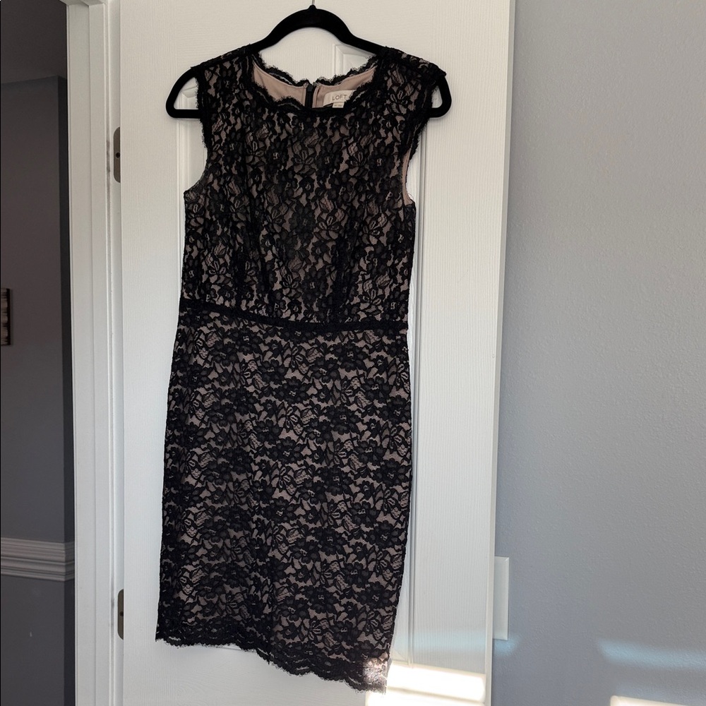 LOFT Black and Cream Lace Midi Dress